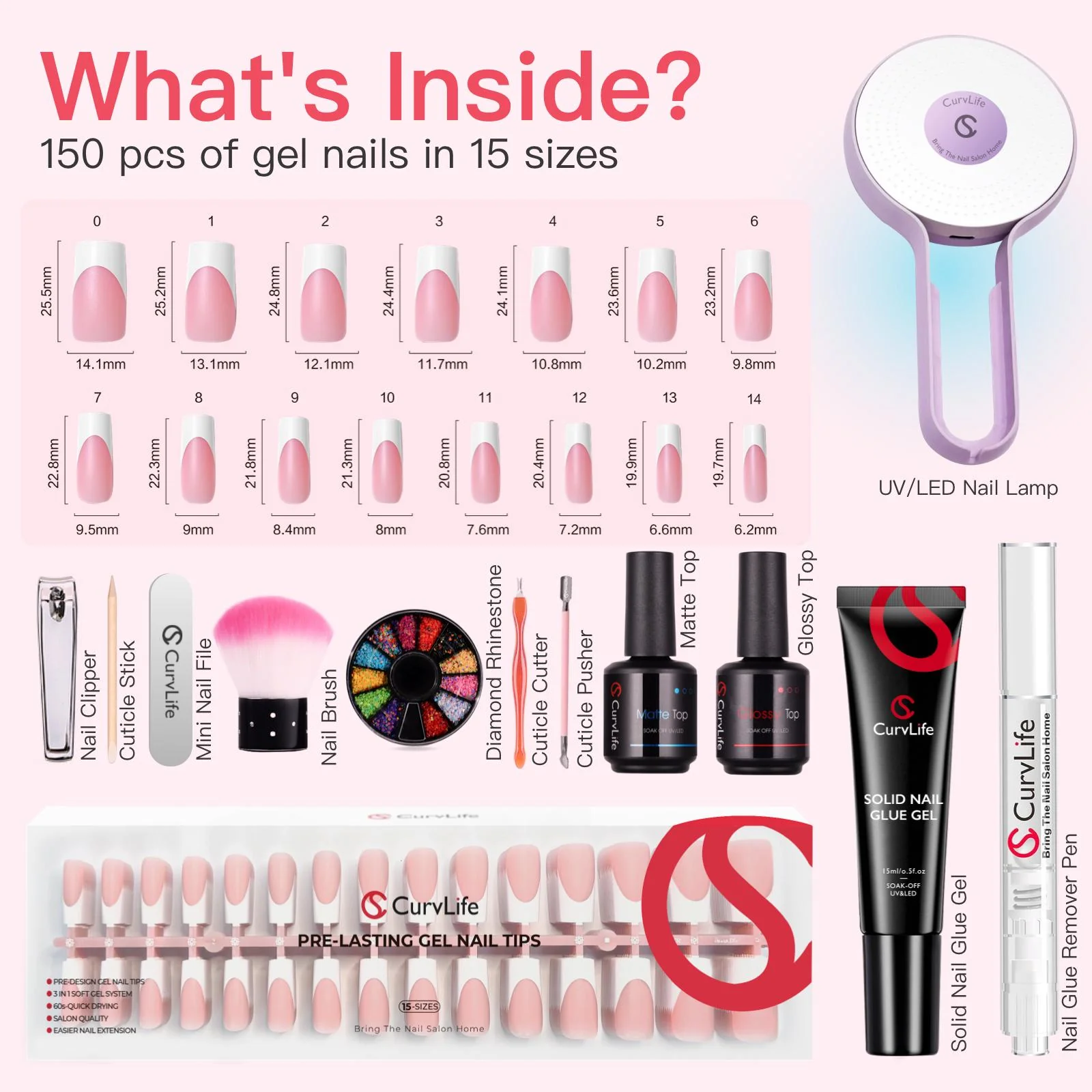 French Tips Kit – 150pcs CurvLife X-Pro Soft Gel Tips with Pre-Applied Primer, Matte & Glossy Top Coat, Solid Nail Glue Gel, UV LED Lamp, Nail File, Brush & Tools X004ERO8ZJ-Kit - Image 5